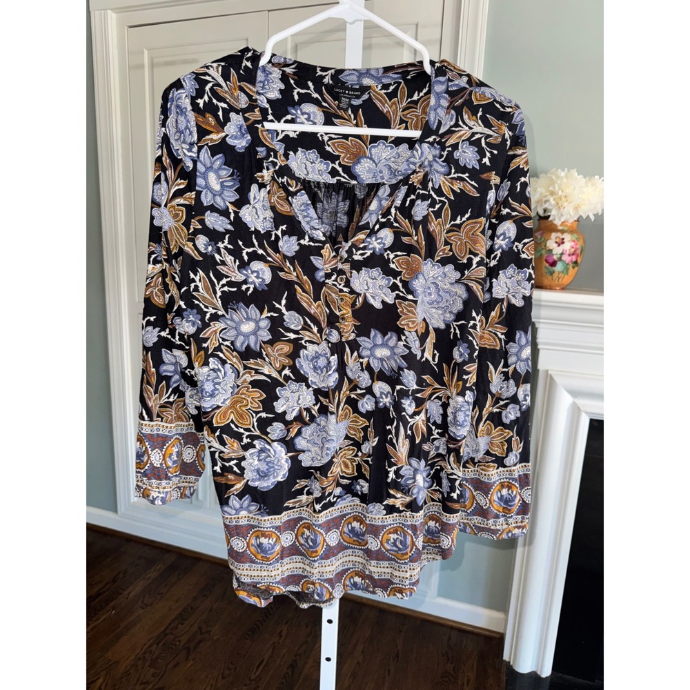 Lucky Brand Women Black Blue Floral Boho Viscose Split Neck Blouse Medium - Picture 2 of 8